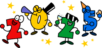 Cartoonish red, yellow, green, and blue numbers 2 0 2 5 with stars surrounding them and holiday noisemakers. 